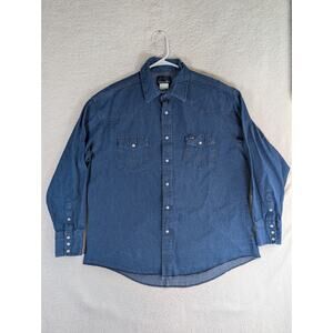 VTG Wrangler Shirt Mens 2XL XXL 17.5 35 Chambray Denim Pearl Snap Western Rodeo
